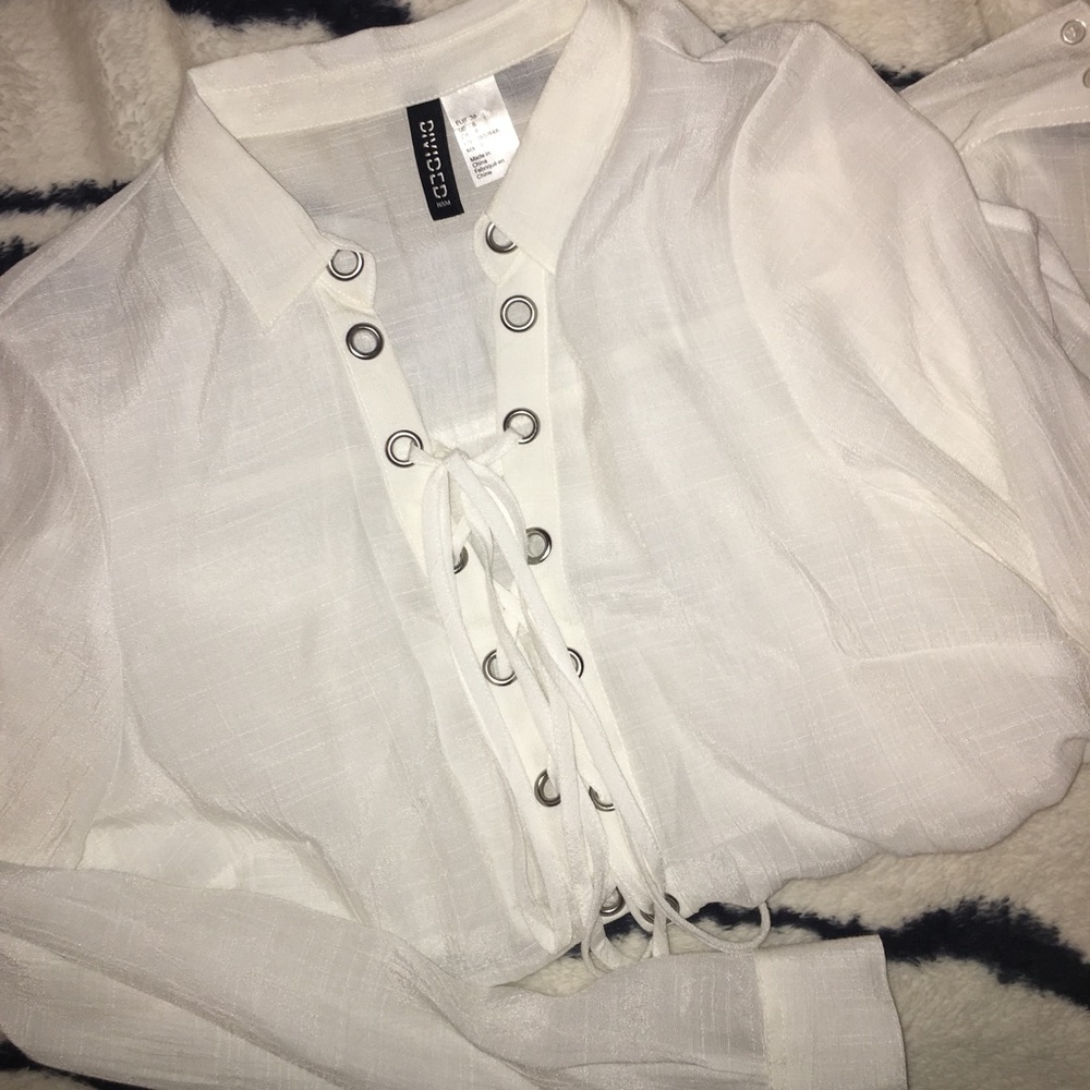 H&M White Lace Up Blouse